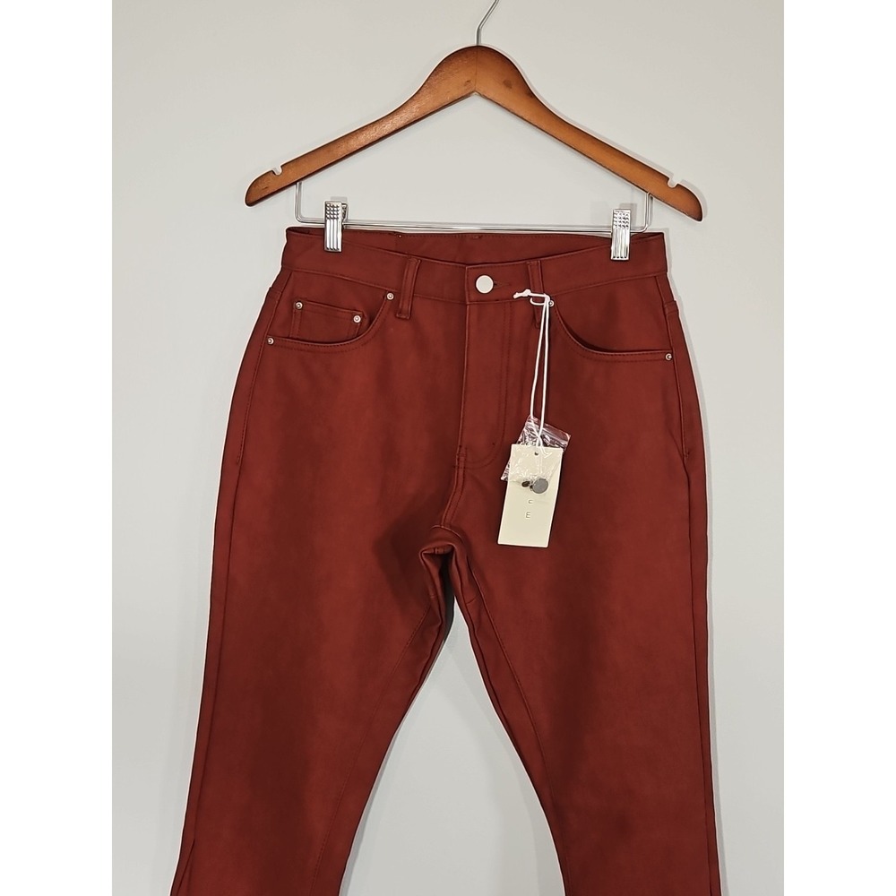 MNML Pants Womens 29 & 32 Rich Red Faux Leather Raw Hem Zip Fly Pockets Mid Rise